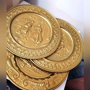 Vintage Brass English  Embossed Decorative Wall Hanging Plate Set(3)